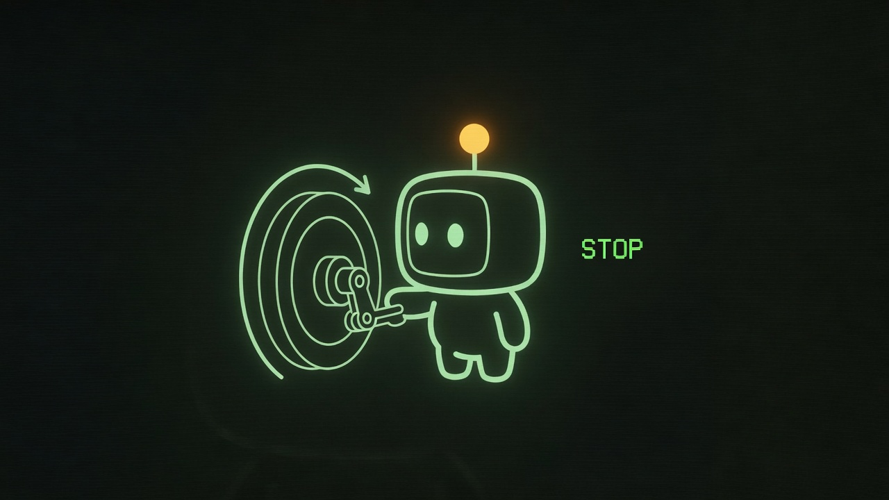 Phosphor Blip pressing a brake lever on a spinning retry wheel
