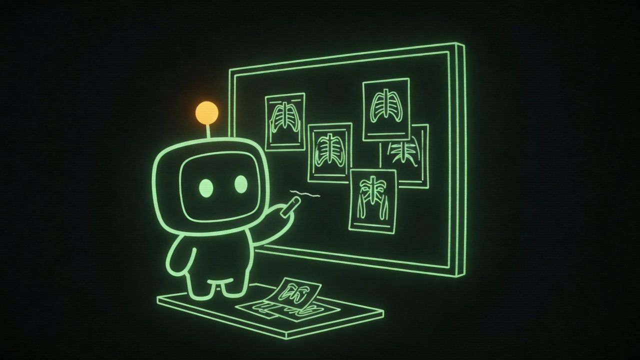 Phosphor Blip pressing a chalk stick against a chalkboard of medical-scan tiles